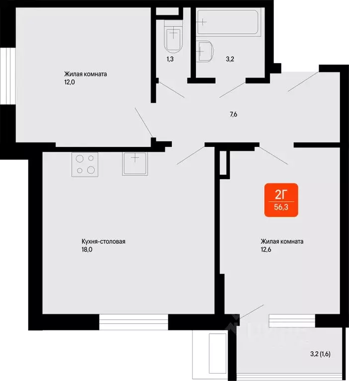 2-к кв. Московская область, Коломна Подлипки р-н,  (56.3 м) - Фото 1