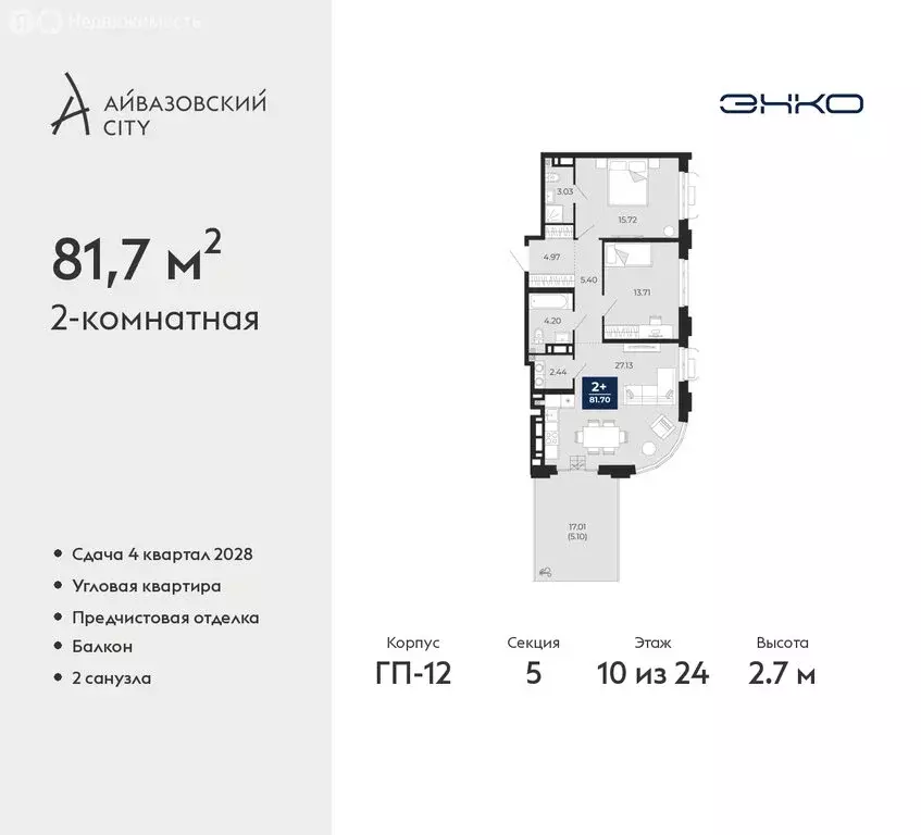 2-комнатная квартира: Тюмень, ЖК Айвазовский Сити (81.7 м) - Фото 1