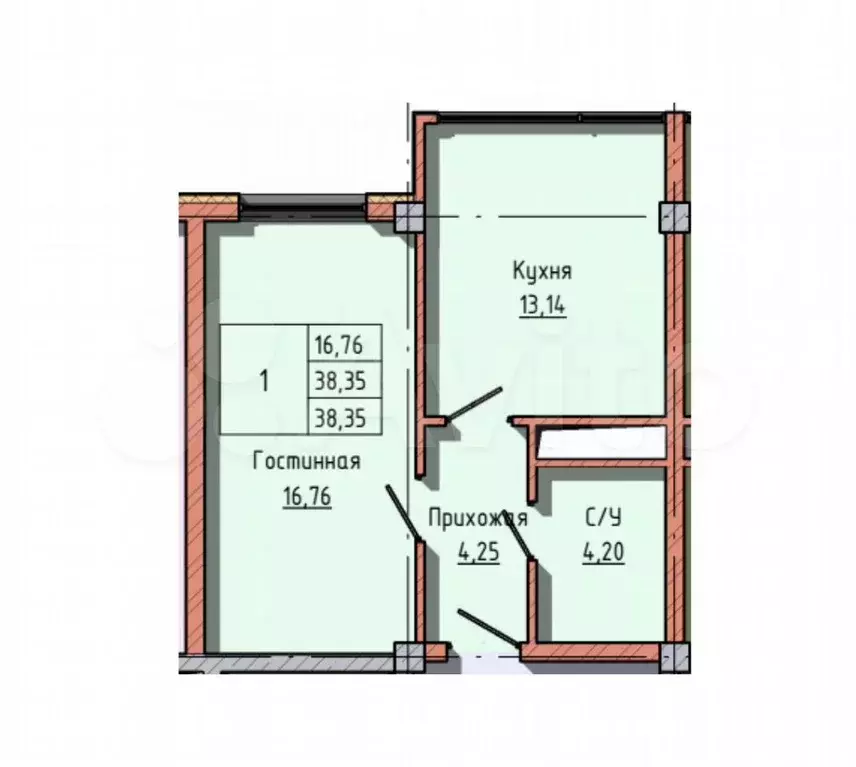 1-к. квартира, 38,4 м, 8/13 эт. - Фото 1