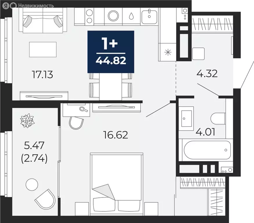 1-комнатная квартира: Тюмень, Камчатская улица, 107к1 (47.55 м) - Фото 1