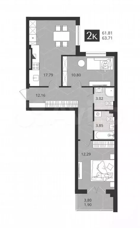 2-к. квартира, 61,8м, 4/4эт. - Фото 1