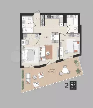 2-к. квартира, 93 м, 2/4 эт. - Фото 1