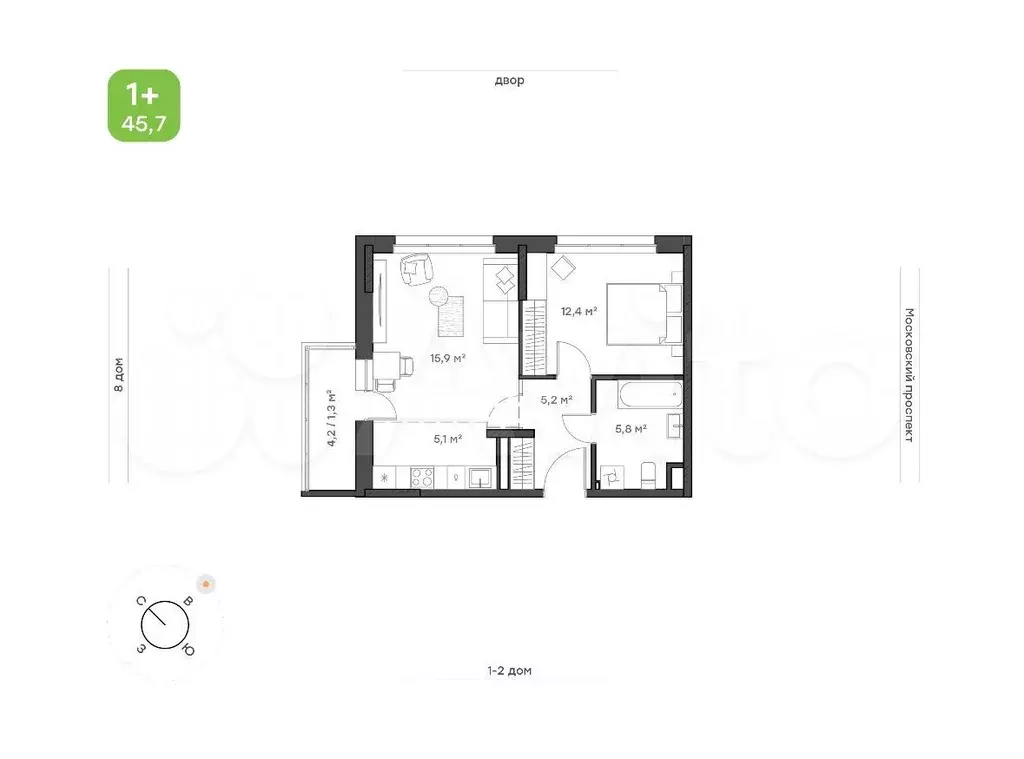 2-к. квартира, 45,7 м, 2/7 эт. - Фото 1