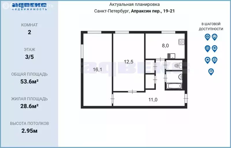 2-комнатная квартира: Санкт-Петербург, Апраксин переулок, 19-21 (53.6 ... - Фото 1