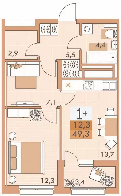 1-к квартира, 49.3 м - Фото 1