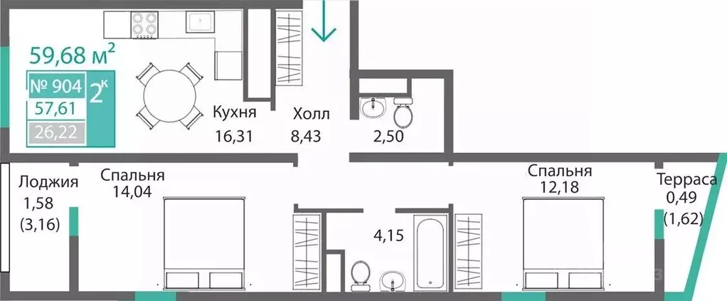 2-к кв. Крым, Симферополь Крымская роза мкр,  (59.68 м) - Фото 0