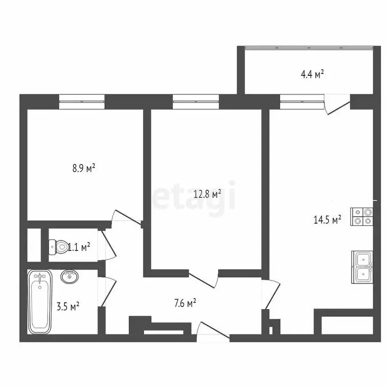 2-комнатная квартира: Тюмень, улица Парада Победы, 9 (49.1 м) - Фото 1