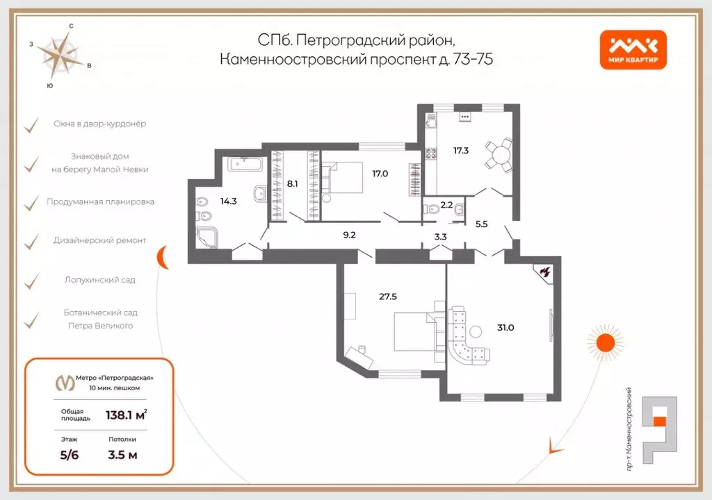 3-к кв. Санкт-Петербург Каменноостровский просп., 73-75 (138.1 м) - Фото 1