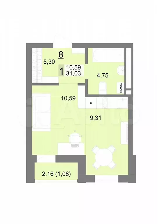 Квартира-студия, 31 м, 2/22 эт. - Фото 0