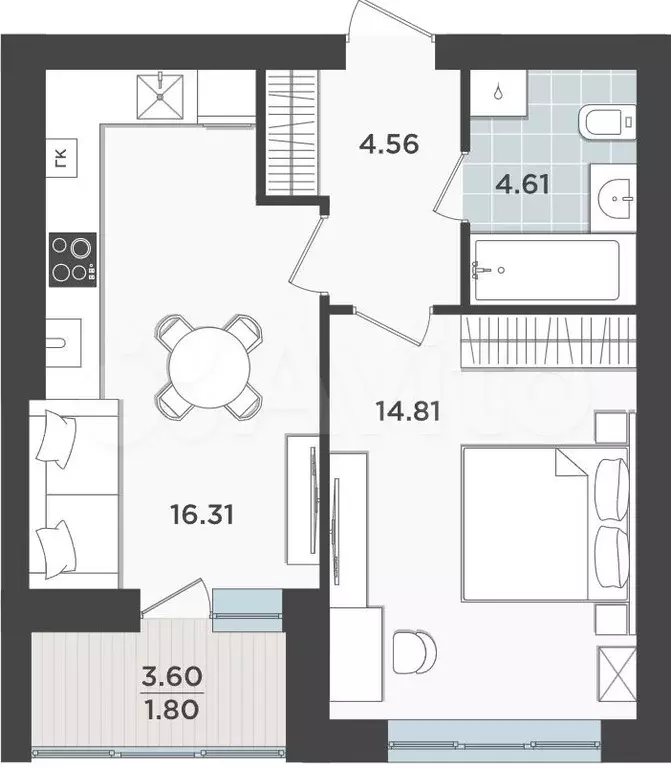 1-к. квартира, 42,1 м, 2/9 эт. - Фото 1