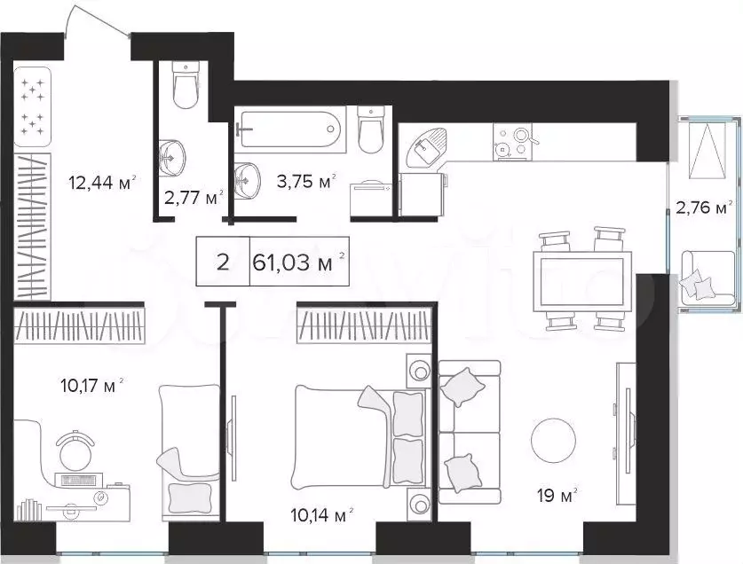 2-к. квартира, 61 м, 6/10 эт. - Фото 0