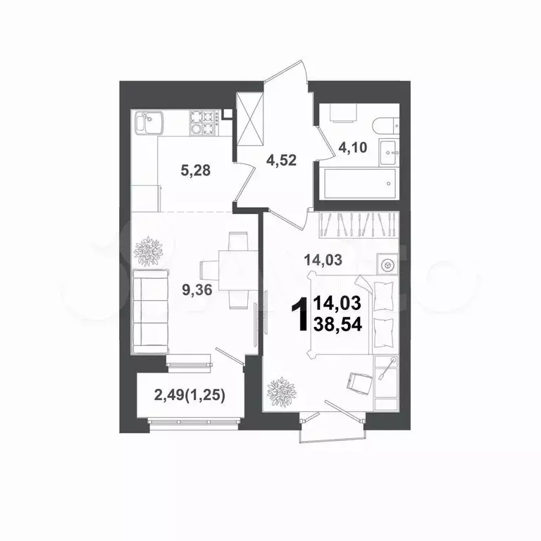 1-к. квартира, 38,4 м, 9/12 эт. - Фото 1