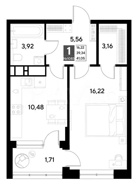 1-к. квартира, 41,1 м, 2/21 эт. - Фото 0