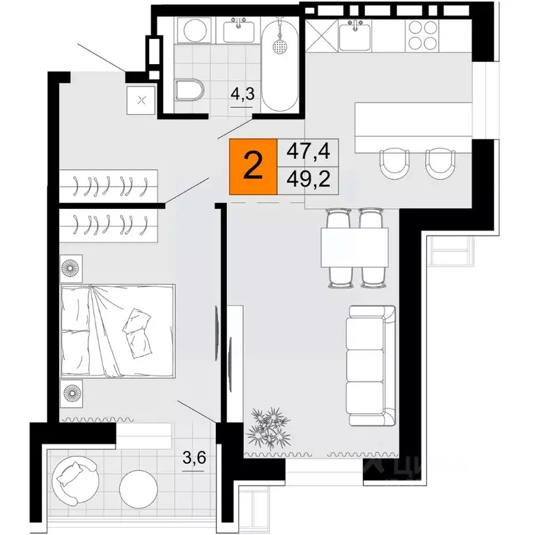 2-к кв. Приморский край, Уссурийск Горизонты жилой комплекс (49.2 м) - Фото 1