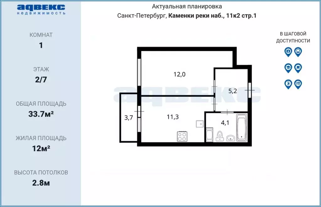 1-к кв. Санкт-Петербург наб. Реки Каменки, 11к2 (33.7 м) - Фото 2