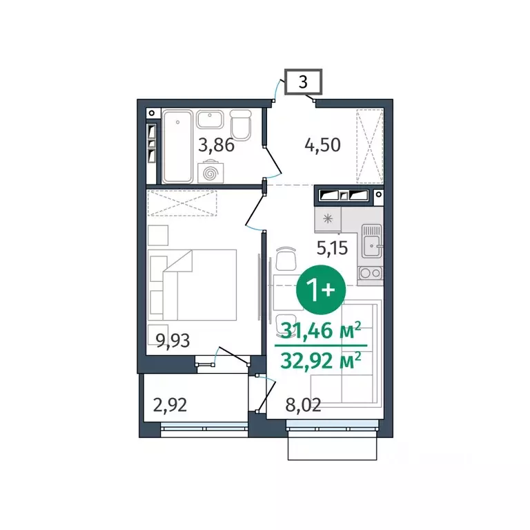 1-к кв. Тюменская область, Тюмень ул. Тимофея Кармацкого, 17 (31.46 м) - Фото 0