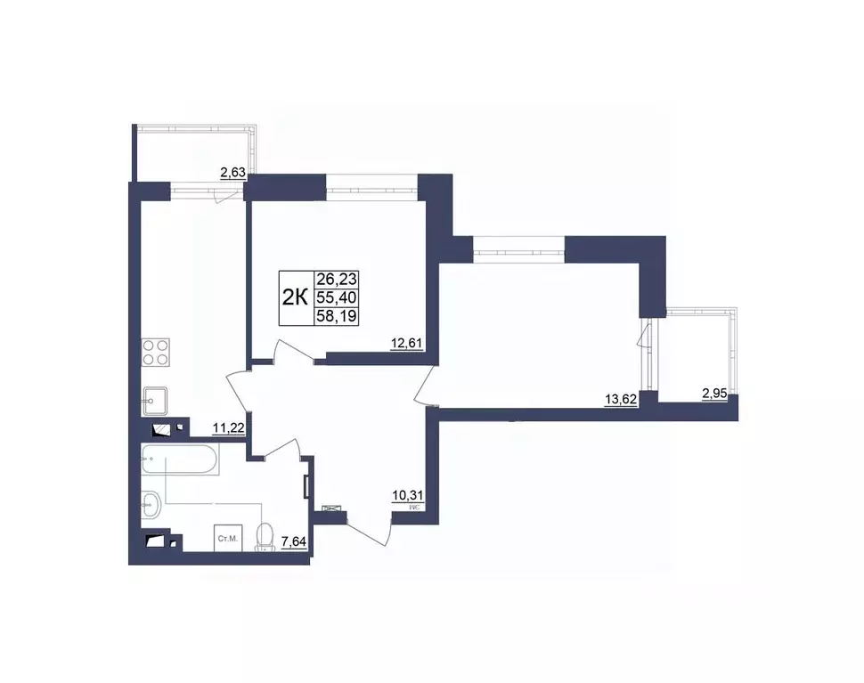 2-к кв. Башкортостан, Уфа Космос жилой комплекс, лит1 (58.32 м) - Фото 1