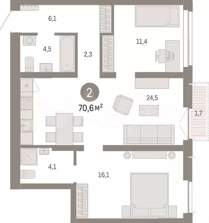 2-к. квартира, 70,6 м, 10/23 эт. - Фото 1