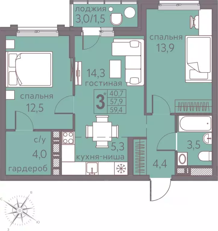 Студия Пермский край, Пермь ул. Серебристая, 5 (59.4 м) - Фото 0