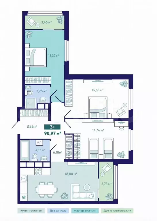 3-к. квартира, 91 м, 3/10 эт. - Фото 1