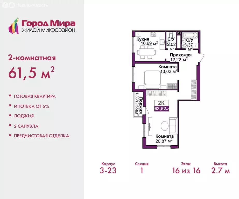 2-комнатная квартира: Симферополь, улица Батурина, 177к1 (61.5 м) - Фото 1