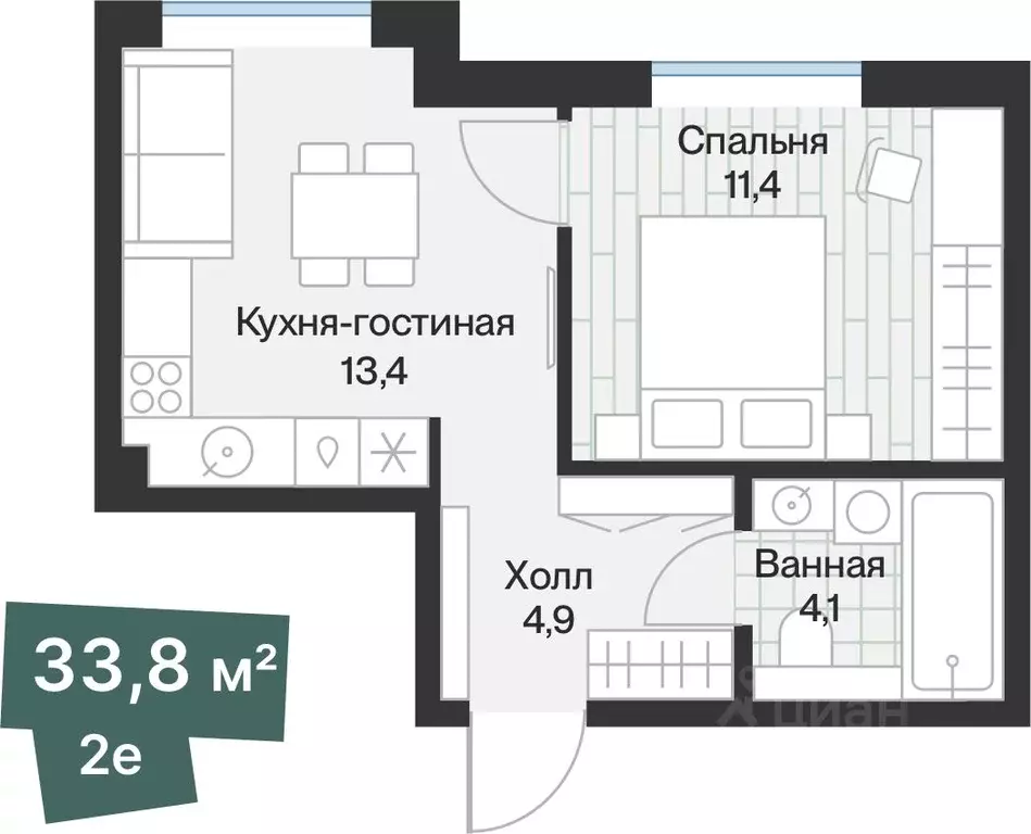 1-к кв. Тюменская область, Тюмень ул. Игоря Комиссарова, 9 (33.84 м) - Фото 0