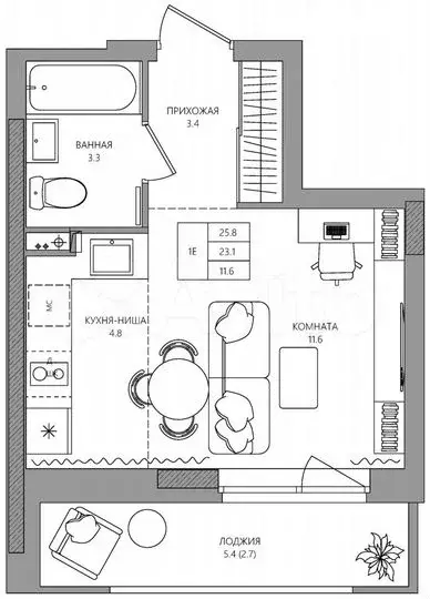 Квартира-студия, 25,8м, 2/16эт. - Фото 0