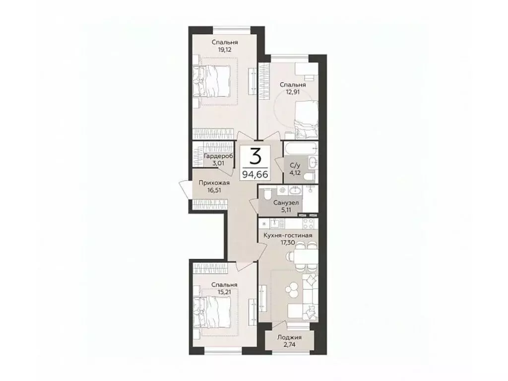 3-к кв. Воронежская область, Воронеж Эклипс жилой комплекс (94.66 м) - Фото 1