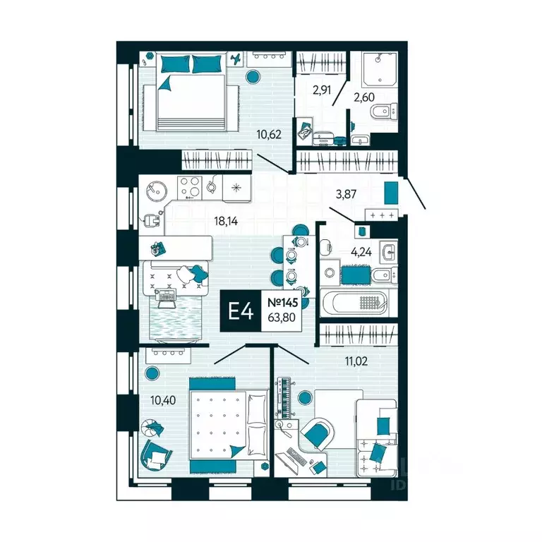 3-к кв. Тульская область, Тула ул. Чмутова, 158Д (63.8 м) - Фото 1