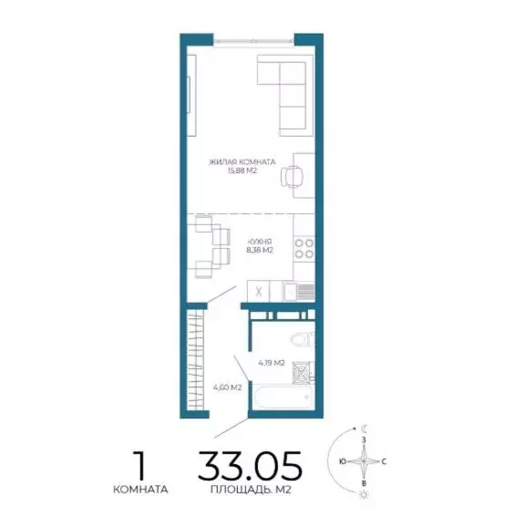 Квартира, студия, 33.05 м - Фото 1