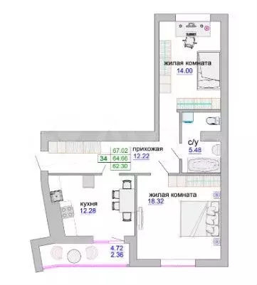 2-к. квартира, 67 м, 9/9 эт. - Фото 1