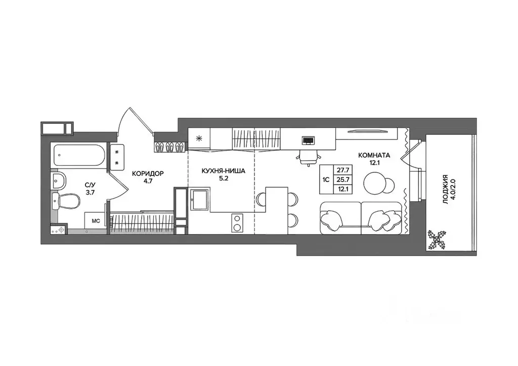 Студия Пермский край, д. Кондратово ул. Водопроводная, 4А (27.7 м) - Фото 2
