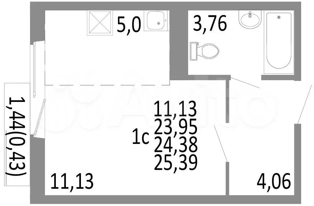 1-к. квартира, 24,4 м, 3/10 эт. - Фото 0