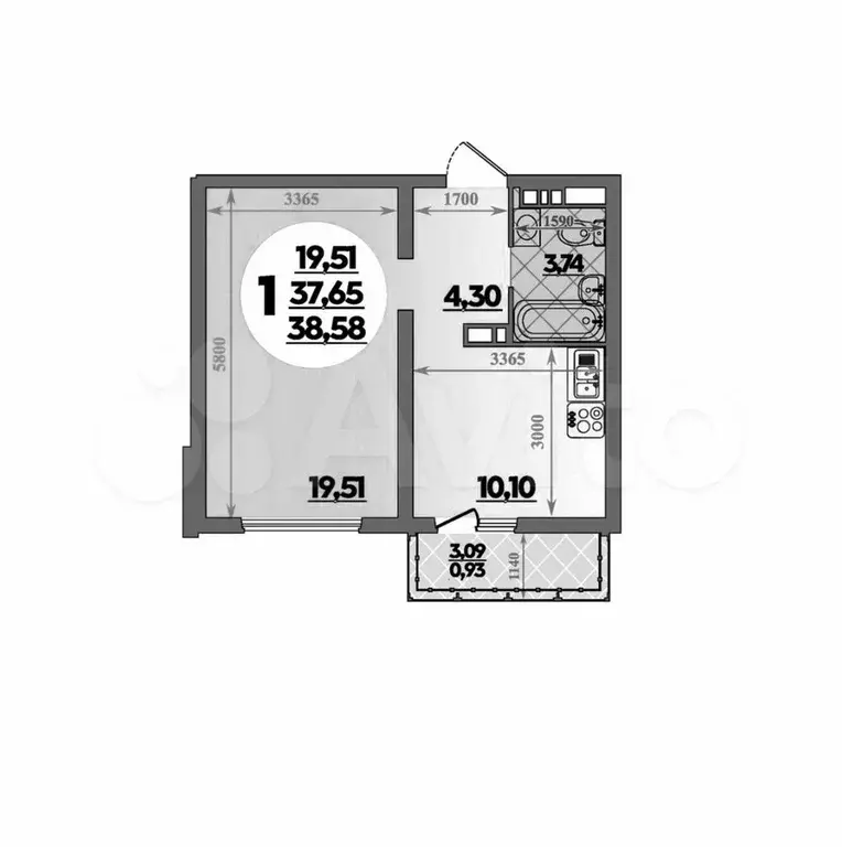 1-к. квартира, 38,6 м, 12/16 эт. - Фото 1