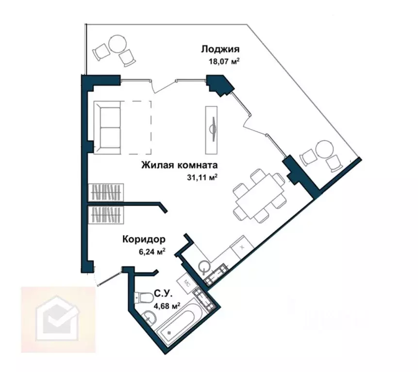 Студия Севастополь ул. Летчиков, 10 (59.7 м) - Фото 1