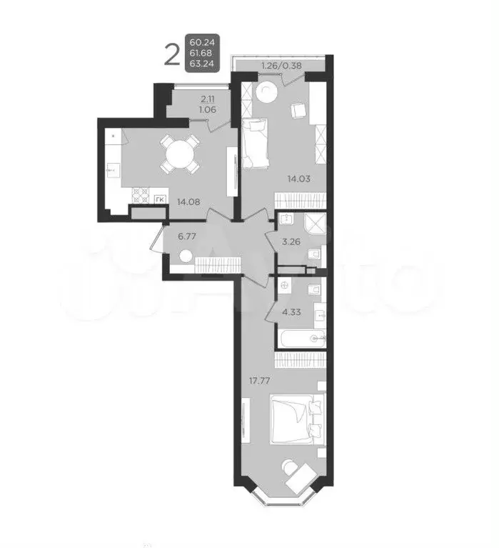 2-к. квартира, 61,6 м, 2/9 эт. - Фото 1