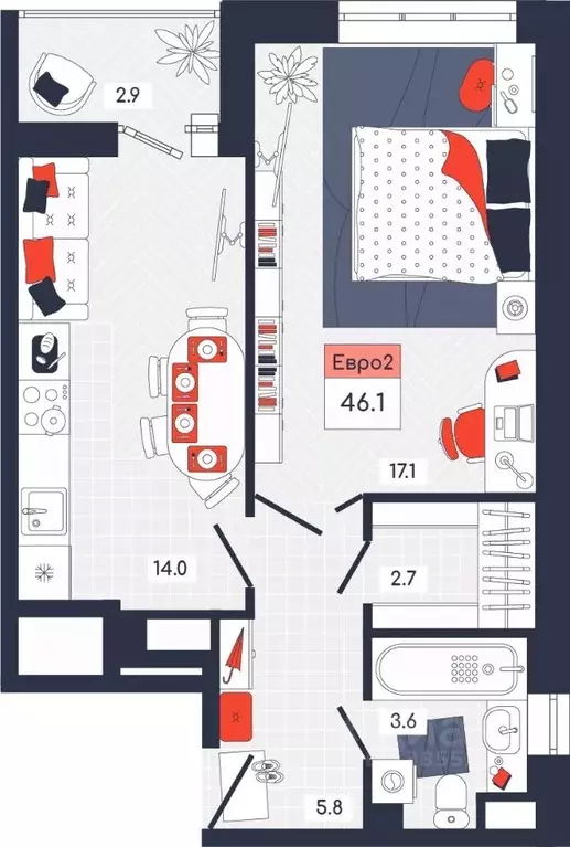2-к кв. Тульская область, Тула ул. Академика Насоновой, 9 (46.1 м) - Фото 1