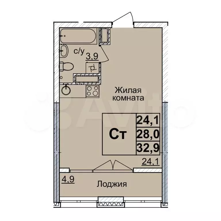 Квартира-студия, 32 м, 23/24 эт. - Фото 0