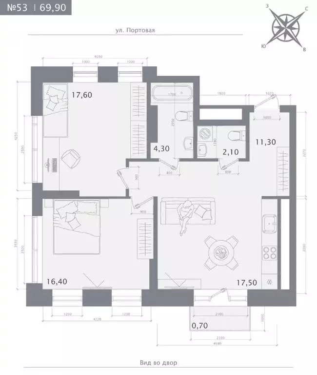 2-к кв. Татарстан, Казань 1712 жилой комплекс (69.9 м) - Фото 1