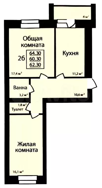 2-к. квартира, 64,3 м, 5/9 эт. - Фото 0