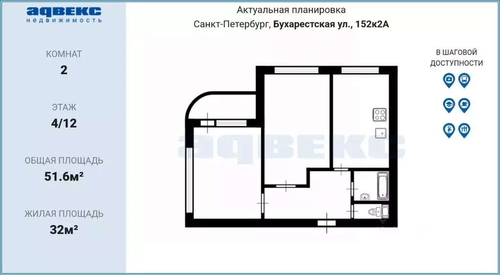 2-к кв. Санкт-Петербург Бухарестская ул., 152К2 (51.6 м) - Фото 2