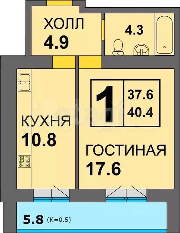 1-к. квартира, 41,1 м, 12/14 эт. - Фото 0