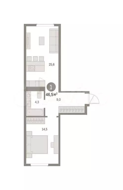 1-к. квартира, 46,5 м, 2/9 эт. - Фото 0