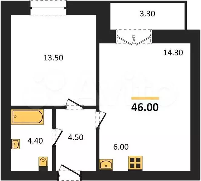 1-к. квартира, 46 м, 6/8 эт. - Фото 0