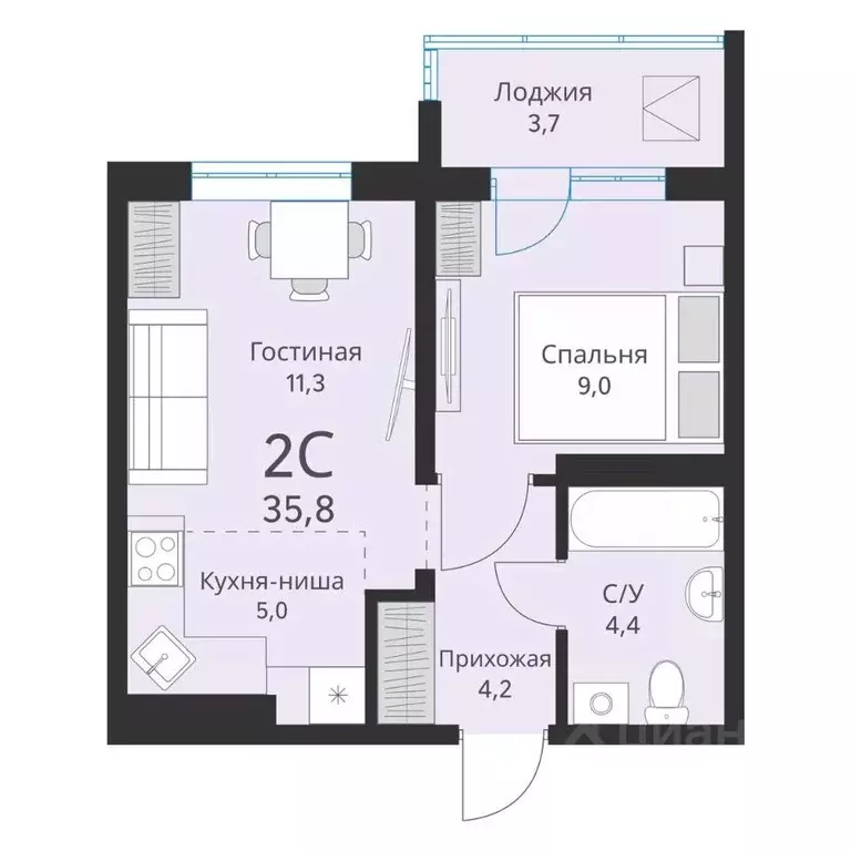 2-к кв. Новосибирская область, Новосибирск  (35.8 м) - Фото 0