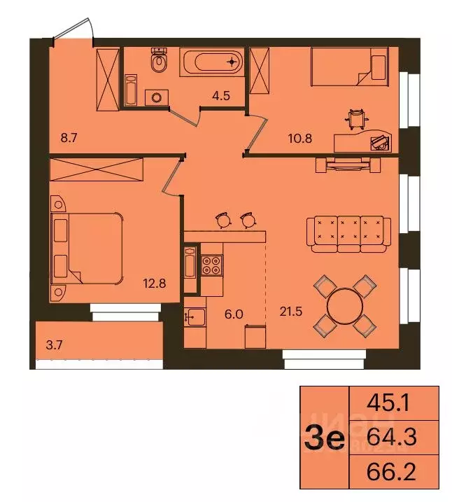 3-к кв. Красноярский край, Красноярск Мясокомбинат мкр,  (66.2 м) - Фото 1
