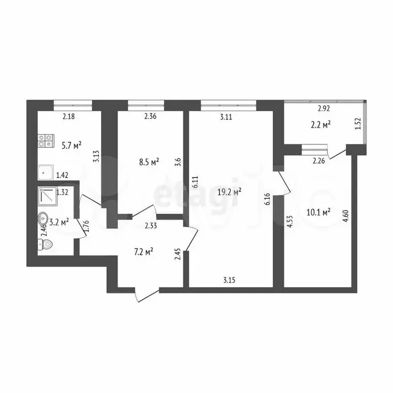 3-к. квартира, 53,9 м, 7/9 эт. - Фото 0