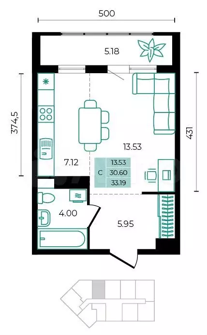 Квартира-студия, 33,2 м, 8/8 эт. - Фото 0