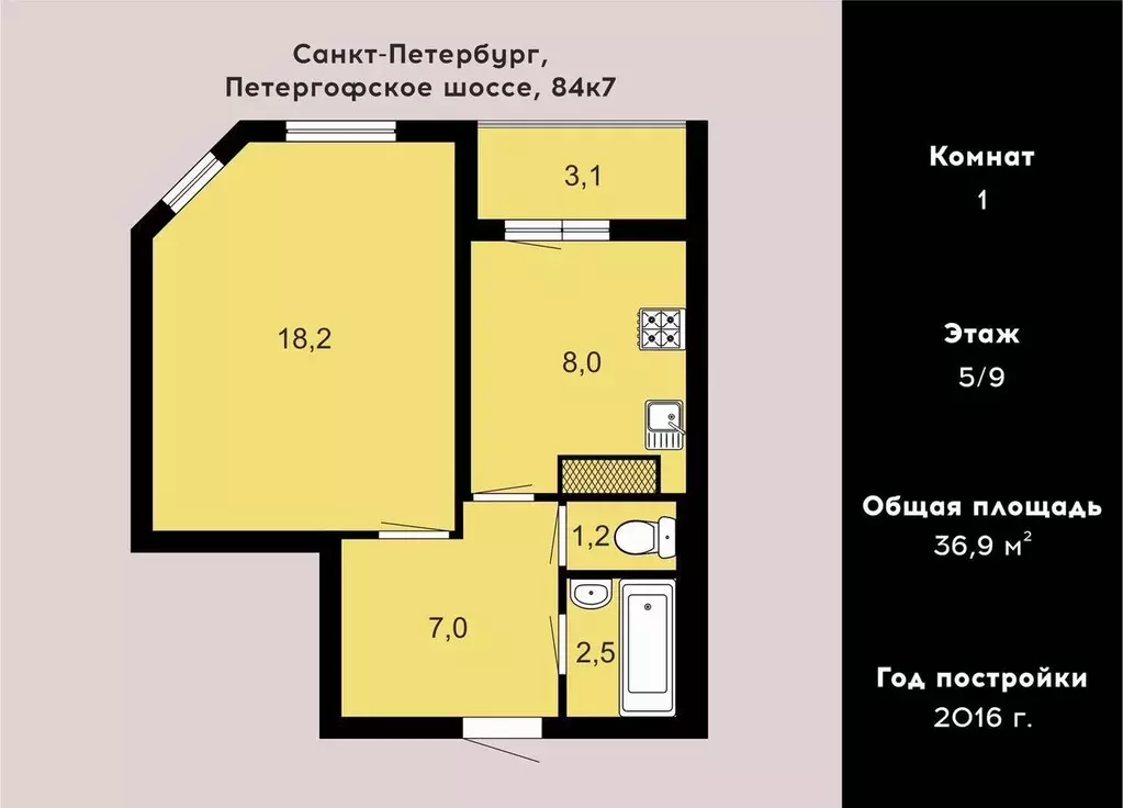1-к кв. Санкт-Петербург Петергофское ш., 84К7 (36.0 м) - Фото 2