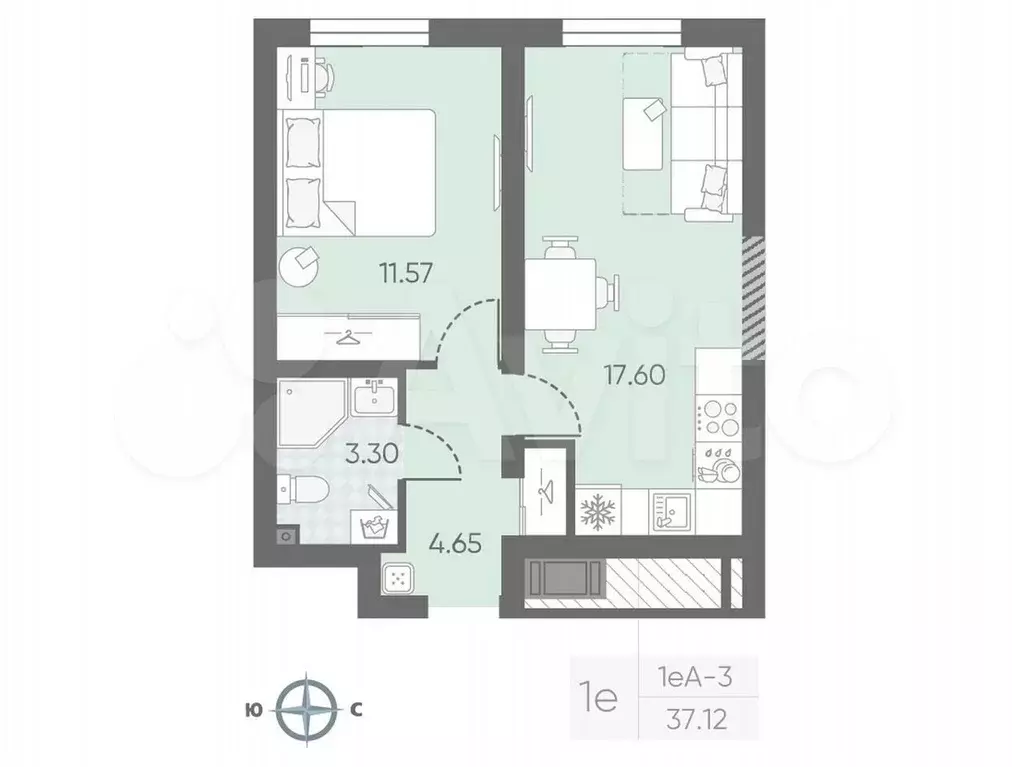 1-к. квартира, 34,5 м, 4/22 эт. - Фото 0